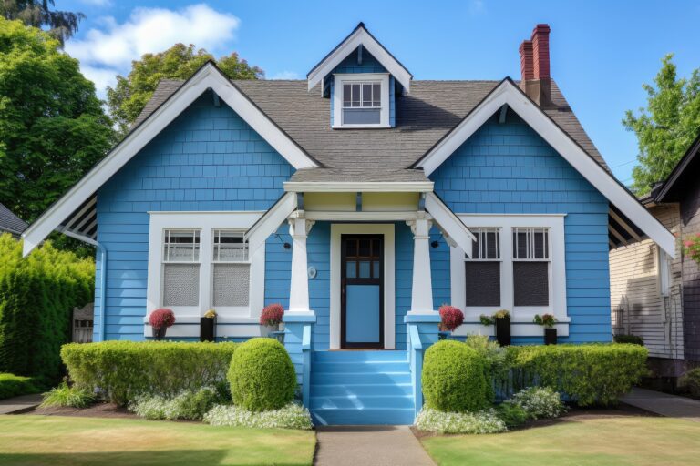 freshly painted blue exterior with white trim and black shutters, created with generative ai